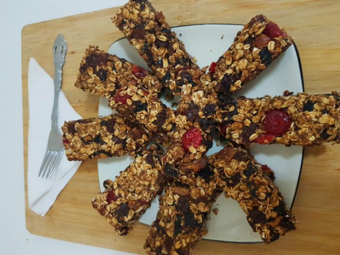 Healthy Oats, flax seed, Chia seed, prunes, raisins, cherries, dates, honey, almonds and walnut bars, .the benefits of cooking as a hobby