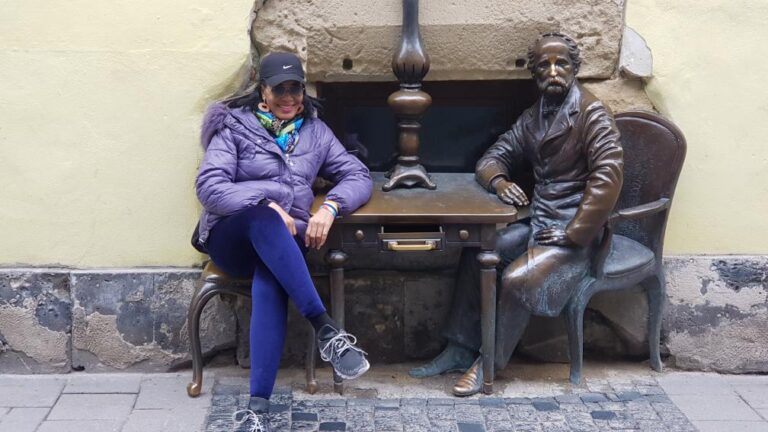 A bronze statue of the exact replica of the gas lamp and one of the inventors of the gas lamp (Jan Zeh) outside the Cafe Gasova Lampa. Ukraine, the breadbasket of Europe