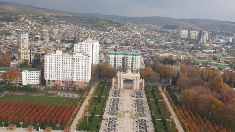 A view of the city from the top of the Independence and Freedom Monument. Tajikistan, the Smallest Country in Central Asia