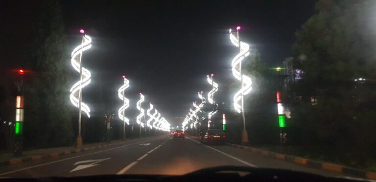 Beautiful light fixtures in the city at night- Dushanbe. Tajikistan, the Smallest Country in Central Asia