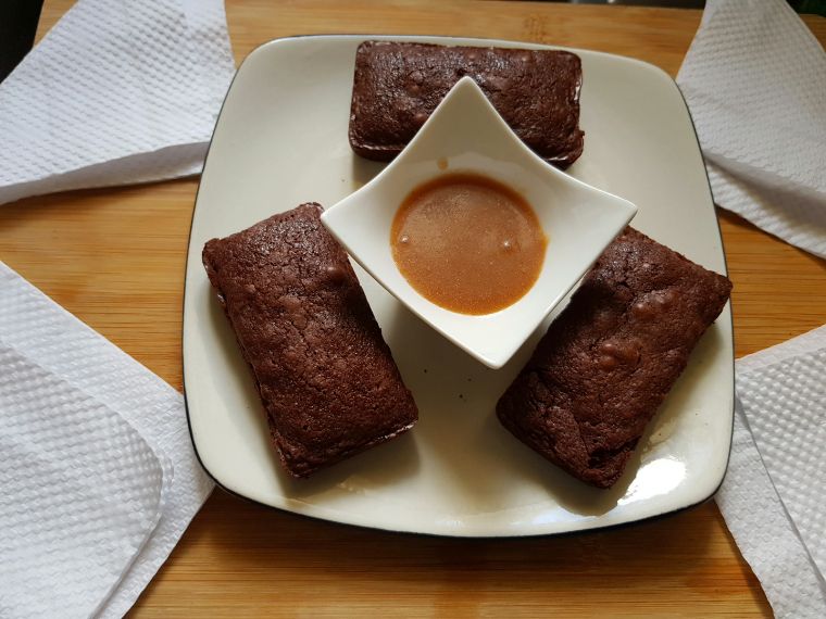 Brownies (with caramel sauce) made with flaxseed and a secret ingredient. The benefits of cooking as a hobby