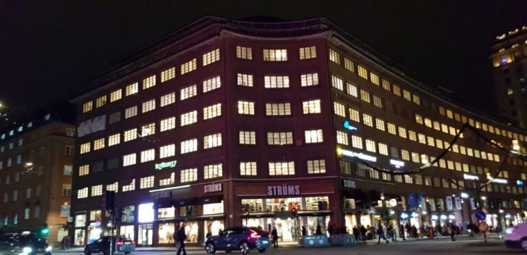 Night view of the city center. Sweden is a cold and cashless society.