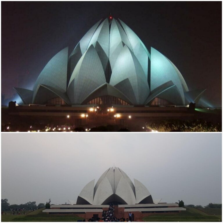 The Lotus Temple (night and day view). India, the most populated country on earth