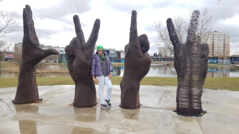 The metal sculpture of four hand gesture that spells LVIVUkraine, the breadbasket of Europe